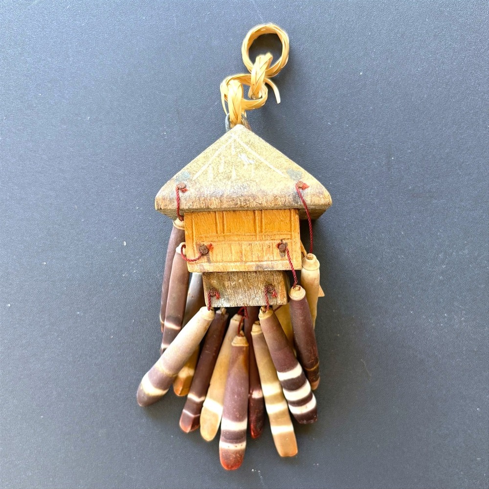 Vintage Wooden Tiki Hut Wind Chime with Slate Pencil Sea‎ Urchin Spines Coastal